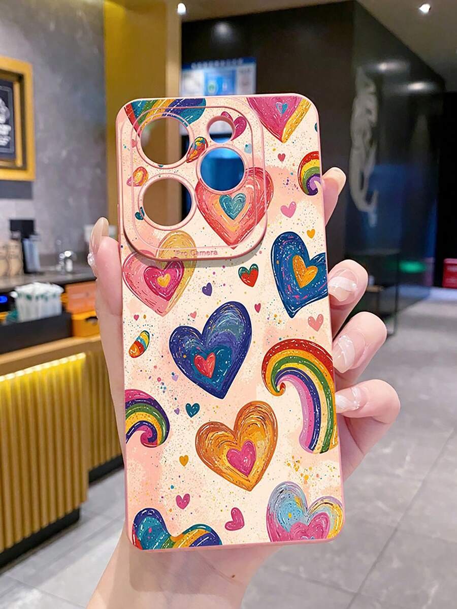 1pc Heart & Rainbow Pattern Shockproof Phone Case, UV Printed Compatible With Samsung/Galaxy/ Android Models - Pink - View 1