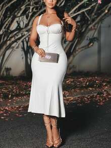 2026 New Women's Clothing Temperament Elegant Suspender Solid Color Fishtail Skirt Slim And Thin One-Word Collar Long Dress - 白色 - 查看 2