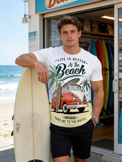 Camiseta de cuello redondo de manga corta con estampado gráfico de autobús vibrante para hombres - Suave, transpirable, ligera, corte relajado para verano y actividades al aire libre - Ropa casual de hombre para viajes, senderismo y excursiones a la playa