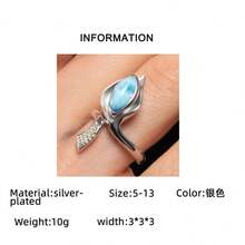 1枚优雅时尚女士个性化戒指，镀银镶嵌合成绿松石，女士时尚首饰，周年纪念、新娘、订婚戒指、周年纪念派对佩戴 - 銀色 - 查看 4