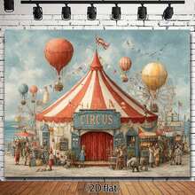 2D Flat, 1pc Vintage Circus Tent Backdrop Banner - Red & White Carnival Party Decorations With Balloons, Clown Faces, Circus Animals - No Electricity Needed, Easy G For Birthday, Halloween, Christmas, Themed Events - Durable DecoOpen In New Tab. - 1PC - Xem 1