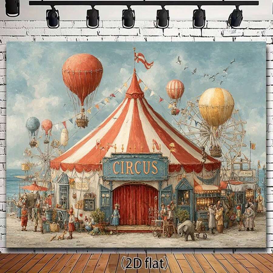 2D Flat, 1pc Vintage Circus Tent Backdrop Banner - Red & White Carnival Party Decorations With Balloons, Clown Faces, Circus Animals - No Electricity Needed, Easy G For Birthday, Halloween, Christmas, Themed Events - Durable DecoOpen In New Tab. - 1PC - Xem 1