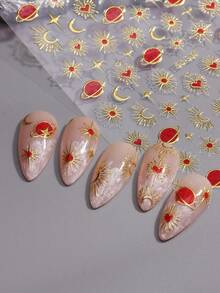 Baroque Style 5D Jelly Nail Stickers Set - Celestial Sun, Star & Heart Patterns With Ruby Accents, Self-Adhesive Semi-Smooth Effect Irregular Shape Plastic Decals For Handmade Nail Art 2pcs - Gold - View 3