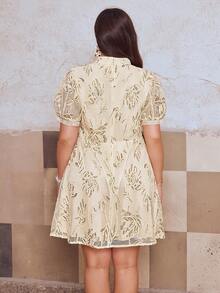 Simplee 大码女装夏季新款亮片网纱刺绣短袖收腰连衣裙，适合派对、婚礼、生日等场合，优雅大方。 - 杏色 - 查看 9