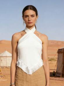 Women Halter Tank Tops Summer Tassel Hem Backless Sleeveless Shirts For Streetwear Aesthetic Grunge Clothes - trắng - Xem 2