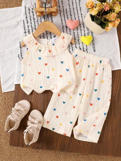 2pcs Baby Girls' Comfortable Cute Fresh Apricot Color Vest + Pants Set, Lightweight Summer