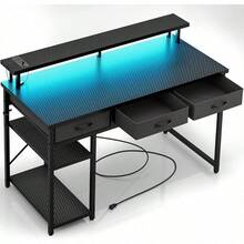 SIMPLE  Escritorio Minimalista,Escritorio con Regleta y Luz LED,Escritorios con Cajones(3 Cajón de Tela),Escritorios para Computadora con Soporte para Monitor,Tamaño:120*48*80 CM.(Negro carbón) - por defecto - Ver 1