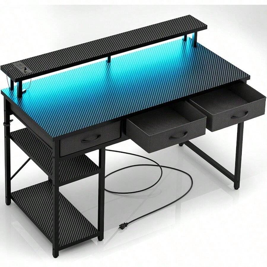 SIMPLE  Escritorio Minimalista,Escritorio con Regleta y Luz LED,Escritorios con Cajones(3 Cajón de Tela),Escritorios para Computadora con Soporte para Monitor,Tamaño:120*48*80 CM.(Negro carbón) - por defecto - Ver 1