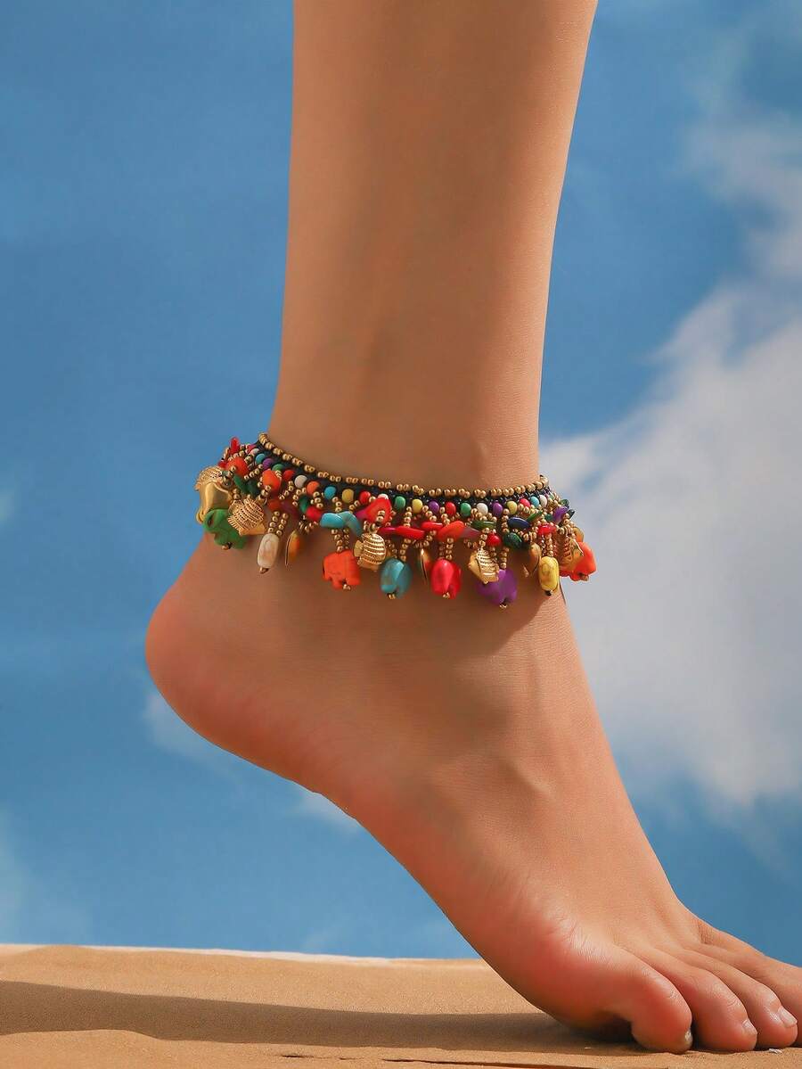 1 tornozeleira estilo boêmio em corda encerada turquesa com pingentes de elefante e estrela-do-mar, ideal para uso diário e em festivais, especialmente para férias de verão.