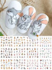 12 piezas/paquete Pegatinas de uñas con diseños de conejo de dibujos animados, conejo lindo, zanahoria, mariposa, letra, mariposa, rosa flor impresa DIY adorable Pascua vacaciones salón de uñas transferencia de agua decoraciones de arte de uñas - Multicolor - Ver 1