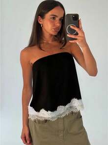 Awevudst Women Lace Trim Satin Tube Tops Loose Summer Bandeau Tank Tops Beachwear Party Clubwear Going Out Tops - màu đen - Xem 1