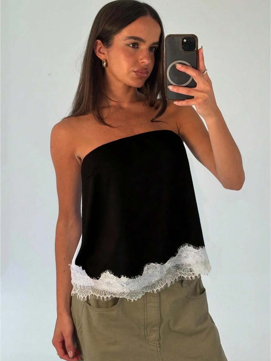 Awevudst Women Lace Trim Satin Tube Tops Loose Summer Bandeau Tank Tops Beachwear Party Clubwear Going Out Tops - màu đen - Xem 1