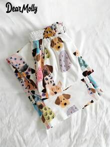 DEAR MOLLY 可爱狗狗印花阔腿裤，舒适百搭高腰宽松休闲女裤，弹性腰带，宽松版型，适合度假和春季穿着。 - 彩色 - 查看 3