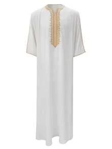 Men's Solid Color Robe With Pockets, Retro Embroidered Casual Robe, Men's White Loungewear Robe - White - View 2