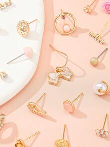 30对可爱花朵、蝴蝶结、仿珍珠和水钻耳钉套装，百搭日常、休闲、派对、节日礼物 - 彩色 - 查看 3