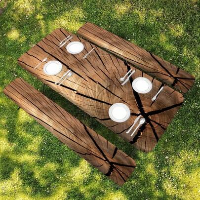 1 Set Vintage Cracked Wood Grain Elastic Table & Bench Cover 3 Pieces Set , Durable Polyester Elastic Edged Rectangular Tablecloth For Indoor, Patio, Camping, Party, Kitchen, Machine Washable Camping Decor Tablecloth