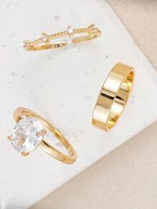 3pcs Elegant Cubic Zirconia Inlaid Ring Set, Jewelry Accessories Suitable For Women To Wear At Weddings, Parties And Gatherings, Holiday Gift - Gold - View 4