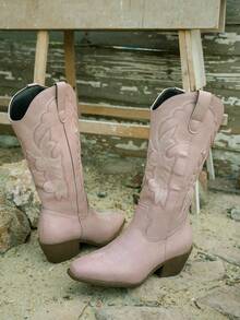 2025秋冬新款粉色圆头皮质套穿长靴，做旧西部风格，美式复古风，适合休闲外出、约会等场合，时尚靴款，粉色过膝长靴，蓝色过膝长靴，女鞋，女靴，粉色高跟鞋 - 粉色 - 查看 3