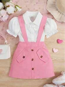 2pcs Girls Casual Beaded Decor Open Collar Lantern Sleeve Top And Suspender Skirt Set, Summer - Pink - View 1