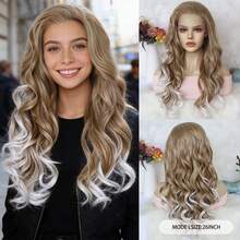 长卷曲灰金色渐变铂金色、蜂蜜金色渐变紫色耐热合成蕾丝前假发，蓬松波浪，无胶自然发际线，适合女性日常、派对、角色扮演，柔软蓬松，逼真长卷发，13*1.5自由分缝高清蕾丝假发，高密度 - 彩色 - 查看 2