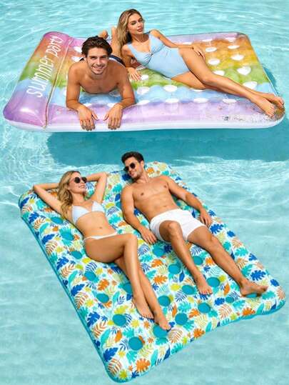 1pc Inflatable Double Floating Bed, Leaf, Sequin, Rainbow, Tropical Rainforest Elements, PVC Material, Suitable For Water Entertainment, Swimming Pool, Beach, Party, Inflatable Floating Device, Floating Object, Pool Raft, Pool Inflatable Floating Object, Requires Separate Purchase Of Air Pump