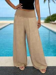 Y2K Women's Bohemian Linen Wide Waist And Wide Leg Fold-Out Pants, Solid Color Low Waist Relaxed Palazzo Pants, Comfortable Summer Beach Pants, Suitable For Everyday Leisure - 卡其色 - 查看 2