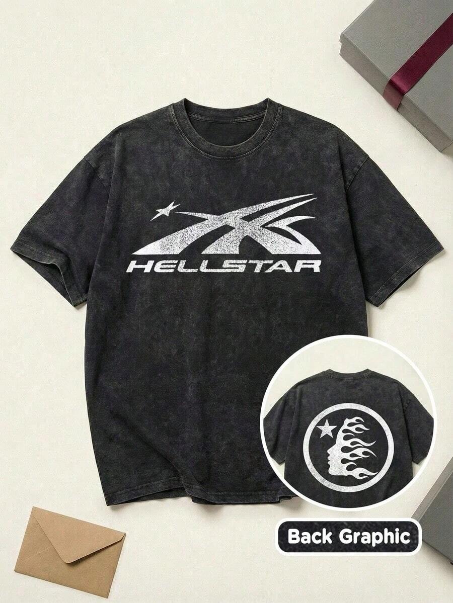 2026 Summer TopsShooting Star Logo Graphic Tee Unisex Couple Matching Boyfriend Style Hell Star Y2K Streetwear Aesthetic Acid Washed Cotton Graphic Tees Men Oversized T Shirt Summer Fits Camisetas Para HombreLoose And Comfortableshirt - 黑色 - 查看 1