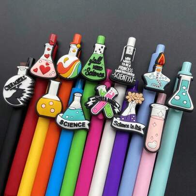 6/12pcs Chemical Laboratory Reagent Bottle Series Sticker Ballpoint Pens, Science Experiment Themed PVC Sticker Neutral Pens, Suitable For Back To School, Exams, Party Gifts, School & Office Supplies, Smooth Writing, High Quality Stickers, Chemistry Stationery, Laboratory Themed Pens, Students, Science Enthusiasts