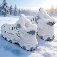 Women's Winter Sneakers - Non-Slip High-Top Thick Sole, Plush Lining, Lightweight Rubber Sole, White And Black And Blue And White Color Matching, Fashionable And Warm Winter Shoes - 升級加厚藍 - 查看 1