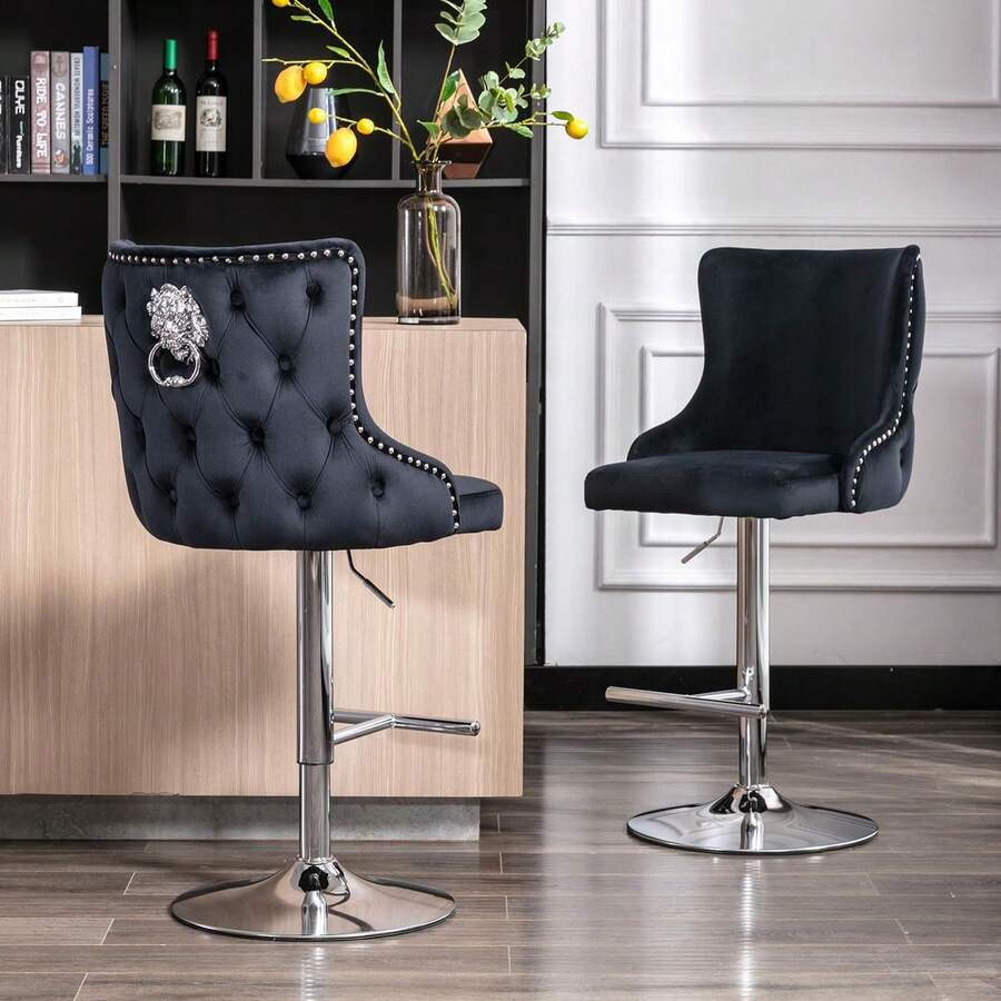 WAHSON OFFICE CHAIRS Modern Bar Stools Set Of 2 Swivel Breakfast Bar Chairs With Lion Knocker, Velvet Kitchen Counter Chairs With Metal Base For Kitchen Island/Pub