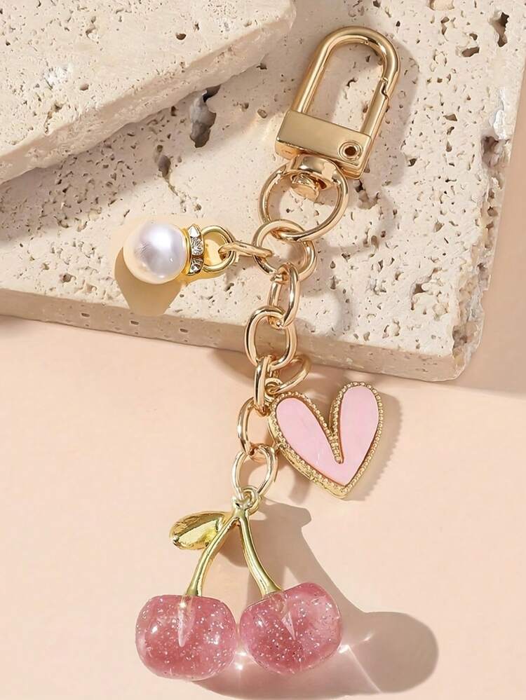1 个可爱樱桃钥匙扣，女孩专属 - 带果柄和果核的亮面樱桃水果包挂饰，闪亮钱包配饰，适用于手提包、钱包、车钥匙 - 优雅的日常水果造型吊坠，是母亲节、生日、情人节的完美礼物 - 彩色 - 查看 10