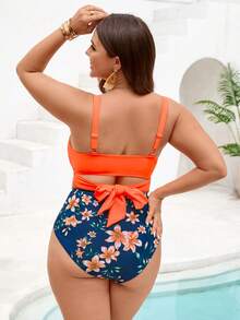 Nuevo traje de baño de bikini de talla grande para mujer con escote en V y lazo, conjunto de bikini de cintura alta de 2 piezas, atuendo de playa con estampado de hojas y flores, estilo bohemio para vacaciones de verano - Naranja - Ver 6