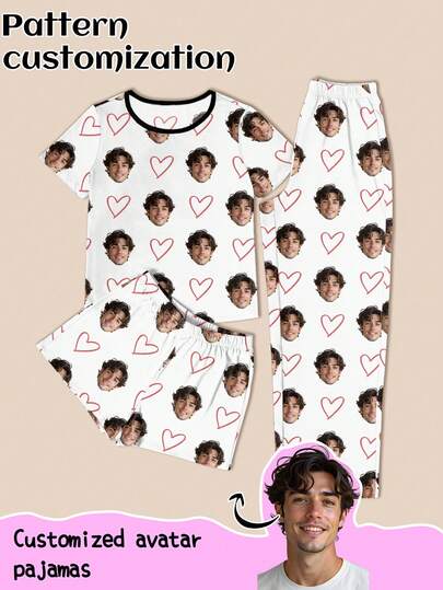 Customized Women's 3 PiecesPajama Set, Can Print Any Pattern, Personalized Pajamas With Photos, Comfortable Sleepwear With Customized Funny Images. Suitable For Valentine's Day, Birthday, Gifts, Personalized, Colorful, Cute, Witty, Unique, Ideal Girlfriend Gift, Suitable For Girlfriend, Family, Friends, Elders, Fashionable For Autumn, Party Occasions