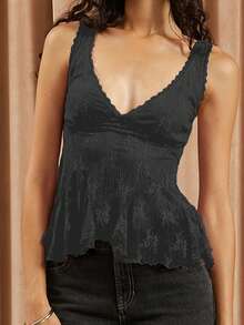 Women Y2k Babydoll Tank Tops Lace Patchwork Deep V Neck Sheer Peplum Camisole Top Summer Aesthetic Ruffle Flowy Vest Tops Beach Party Going Out Shirts - 黑色 - 查看 1