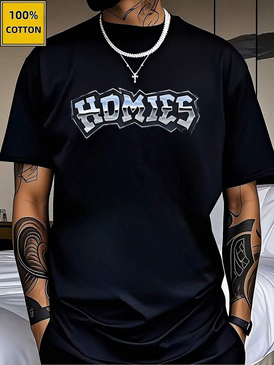 Homies Letter Printed TShirts Casual Sport ShortSleeved Tee And 100% Cotton Spring And Summer Graphic T Shirts Fashion Men'S Top A Great Valentine's Day Gift Valentine Outfits For Men Mardi Gras Gift - 黑色 - 查看 1