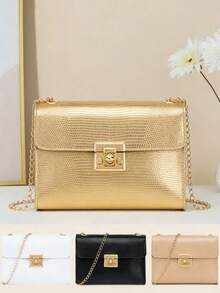 1pc Girls' Lizard Pattern Minimalist Chain Twist Lock Crossbody Square Bag, Suitable For Parties, Travel, Daily Use, And An Ideal Gift Choice - Multicolor - View 1