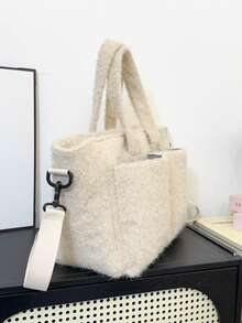 1pc Plush Material Multi-Compartment Tote Shoulder Bag, Open Top Design, Versatile For Commuting, Autumn/Winter - Beige - View 7