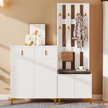 Wardrobe Set With Shoe Stool And Cushions. Front Coat Rack With Hooks. Shoe Cabinet With Drawers And Doors, Black And White. - trắng - Xem 2