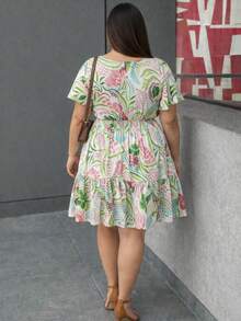 Women's Plus Size Printed Dress, Short Sleeve, Casual, Adjustable - 列印 1 - 查看 3