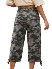 Women Denim Cargo Capris With Multiple Pockets Adjustable Drawstring Camouflage Pattern Cropped Pants - Verde militar - Ver 2