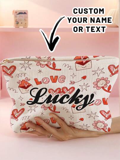 1pc Customized Name Cartoon Valentine's Day Heart & Flower Pattern Corduroy Toiletry Storage Bag, Perfect For Organizing Toiletries On The Go, Customizable Based On Your Unique Design, Suitable For Children, Print Your Own Name Or Your Sister's And Classmate's Name As A Gift