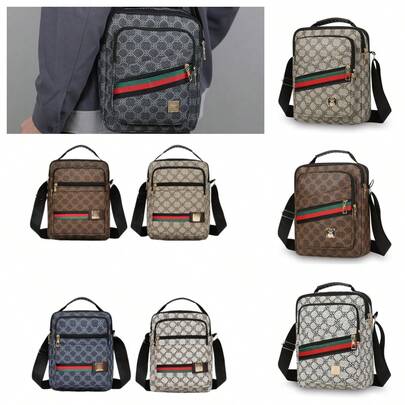 New Multi-Functional Men's Crossbody Bag, Gray/Brown/White/Khaki, Retro Pattern, PU Material, Fashion Casual Versatile Men's Shoulder Bag, Multiple Pockets & Compartments, Can Hold Phone, Glasses, Keys, ID, Adjustable Strap, Lightweight & Portable, Suitable For Outdoor Activities, Shopping, Sports, Commuting, Cycling, Men's Accessories, Gift For Husband, Father, Unique Gift, Valentine's Day Gift