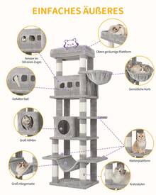 HaluPeit 210 Cm Large Cat Tower For Indoor Cats,Cat Tree, Multi-Level Cat House With Condo, 8 Scratching Posts, Hammock - Light Grey - View 3