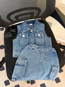 3件套女童夏季时尚优雅街头风蓝色领衬衫、配套蓝色半裙和蓝色渔夫帽套装，适合街头、拍照和上学穿着。 - 淺色水洗藍 - 查看 2