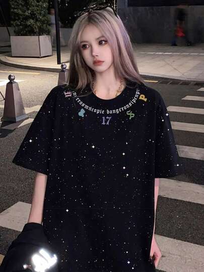 Classic Retro American Style Letter Print Loose Fit Round Neck Short Sleeve T-Shirt For Women, Casual, Fashionable, Suitable For Spring/Summer