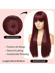 24英寸长直发酒红色合成假发，带刘海，适合日常派对佩戴，耐热纤维材质，高密度，适合上学、万圣节、感恩节、圣诞节、音乐节、狂欢节、新年等场合，可作为礼物赠送。 - 酒紅色 - 查看 7
