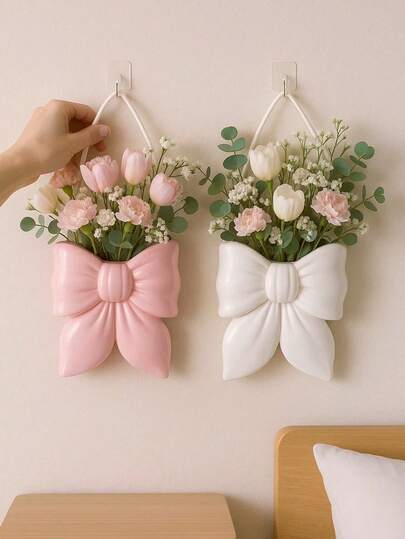 1pc Pink/White Bow Hanging Vase, Decorative Vase, Flower Vase, Wall Decor, For Living Room/Bedroom,For Home Decor, Perfect Birthday Gift For Mom,Dad, Friends, Or Bosses Day, Ideal For Offices, Bookshelves, Living Rooms, TV Stands, Bedroom, And Garden Decoration, Unique Birthday Decorations And Gifts Birthday Graduation