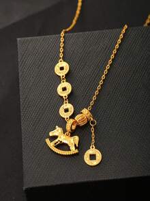 1件梦幻行星月亮地球吊坠项链，适合女性日常佩戴 - 銅鍍24K厚金色碎冰冰木馬銅錢流蘇項鍊 - 查看 4