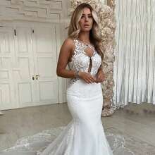 Elegant Sexy Sleeveless Lace Appliqué Mermaid Satin Formal Wedding Dress,Registry Office Dresses Bridal Gown,Evening Party Dress Birthday Party Dress Country Wedding,Romantic Church Ceremony Wedding Dress,Suitable For Wedding,Dating,Party,Singles' Party,Vacation,Formal Occasions,Dinner Dress,Prom Dress,Homecoming Dess,Cocktail Party,Wedding Guest Dress,Graduation - 白色 - 查看 5