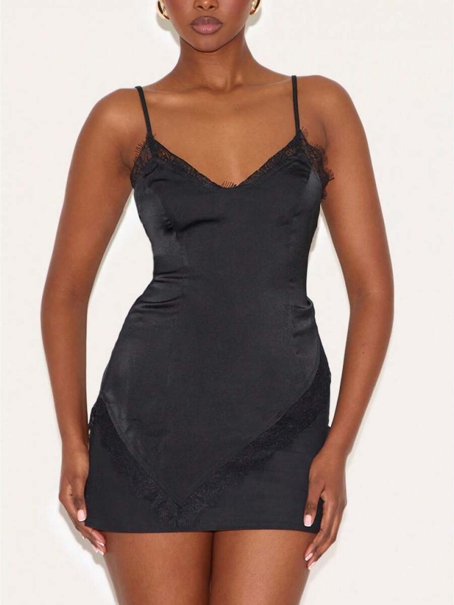 Women Lace Trim Satin Camisole Top Silky Spaghetti Strap V Neck Cami Top Flowy Asymmetrical Going Out Tank Tops - azul real - Ver 1
